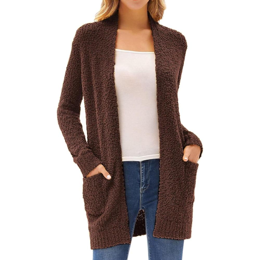 imageGRACE KARIN Long Cardigan Sweaters for Women Open Front Fuzzy Winter Coat Chunky Knit Winter Clothing with PocketsCoffee