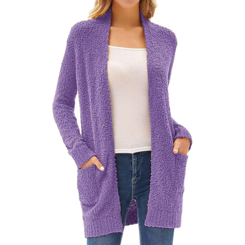 imageGRACE KARIN Long Cardigan Sweaters for Women Open Front Fuzzy Winter Coat Chunky Knit Winter Clothing with PocketsGrape