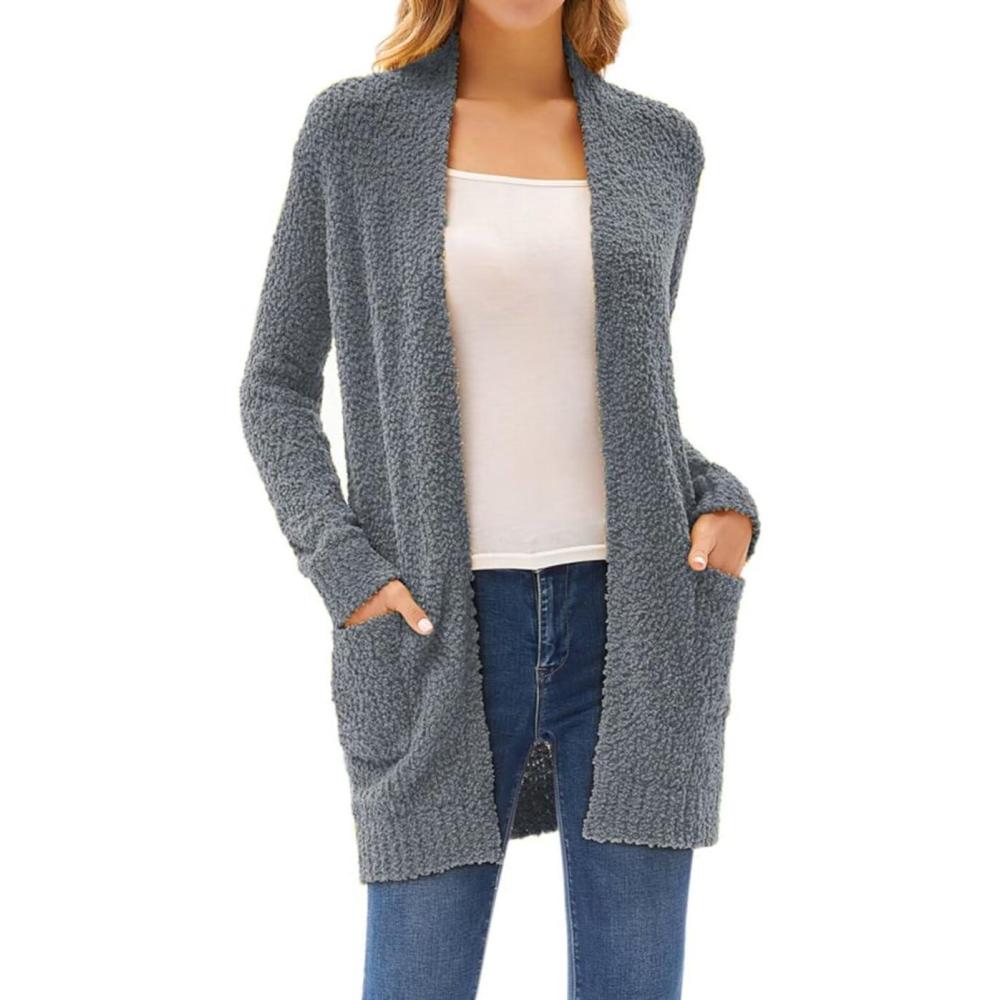 imageGRACE KARIN Long Cardigan Sweaters for Women Open Front Fuzzy Winter Coat Chunky Knit Winter Clothing with PocketsGray