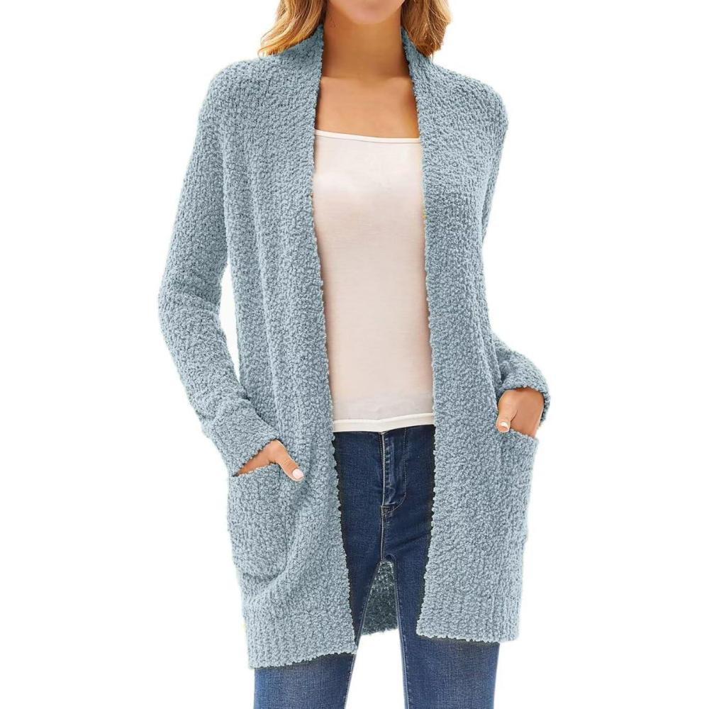 imageGRACE KARIN Long Cardigan Sweaters for Women Open Front Fuzzy Winter Coat Chunky Knit Winter Clothing with PocketsLight Blue