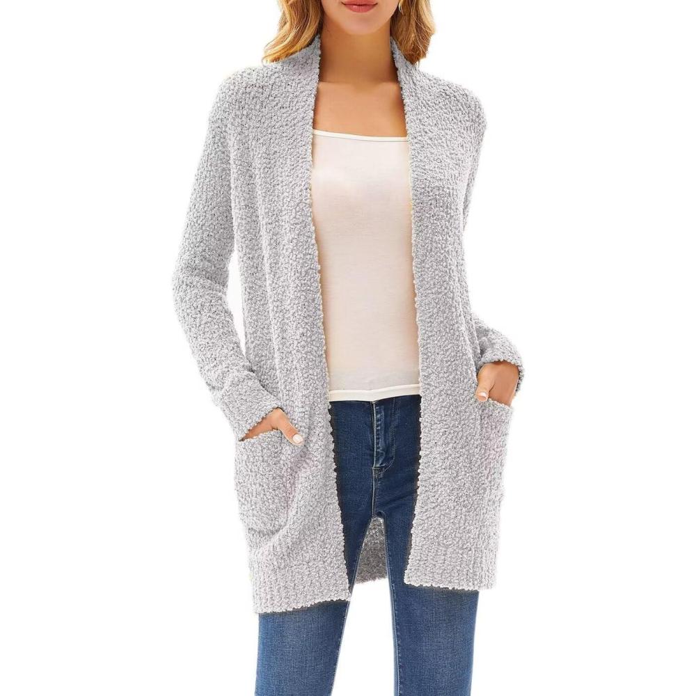 imageGRACE KARIN Long Cardigan Sweaters for Women Open Front Fuzzy Winter Coat Chunky Knit Winter Clothing with PocketsLight Gray