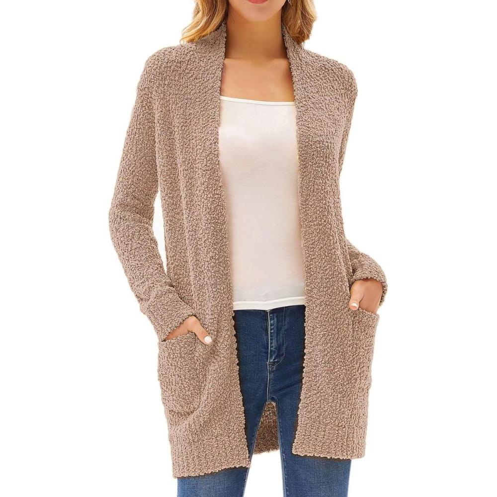 imageGRACE KARIN Long Cardigan Sweaters for Women Open Front Fuzzy Winter Coat Chunky Knit Winter Clothing with PocketsMid Camel