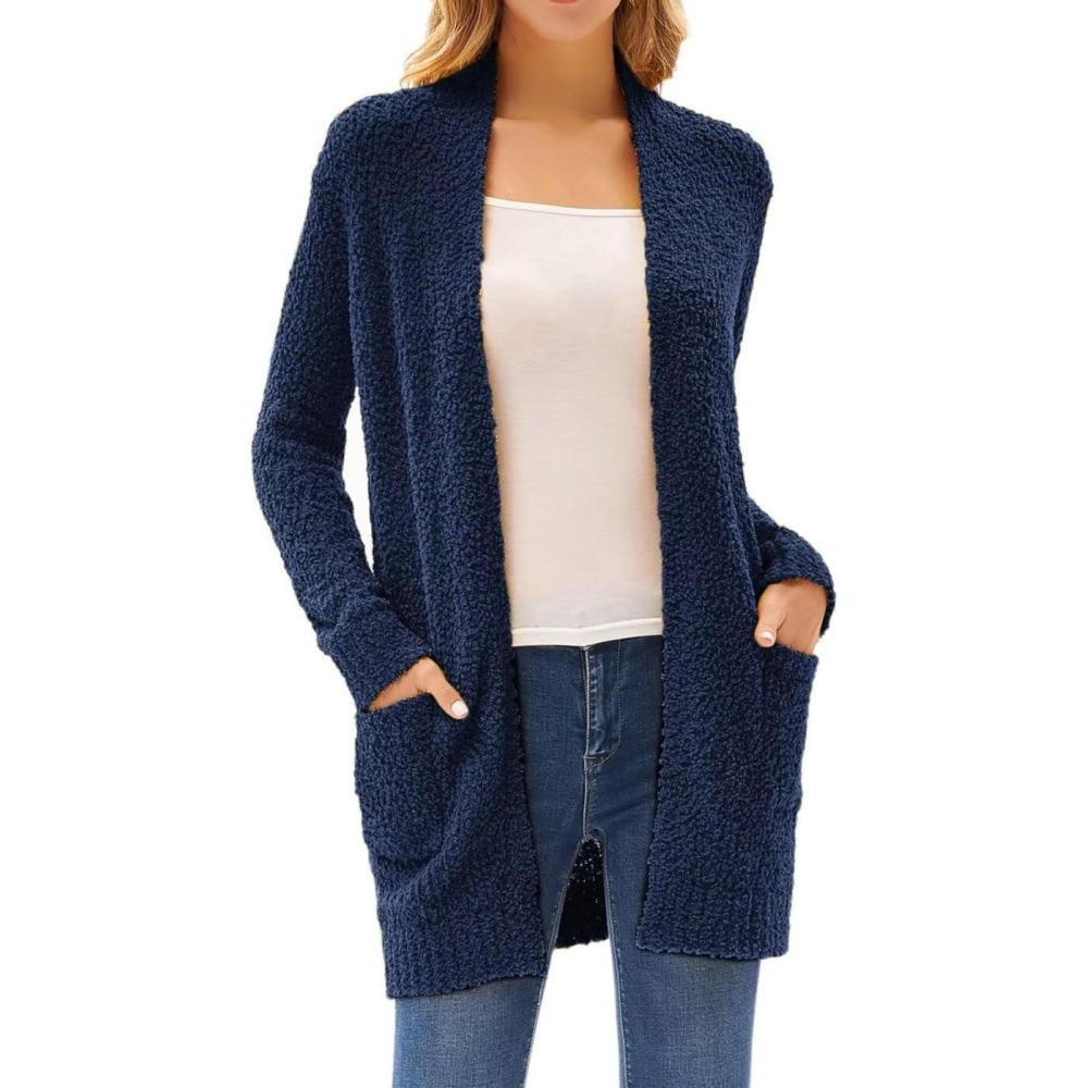 imageGRACE KARIN Long Cardigan Sweaters for Women Open Front Fuzzy Winter Coat Chunky Knit Winter Clothing with PocketsNavy Blue