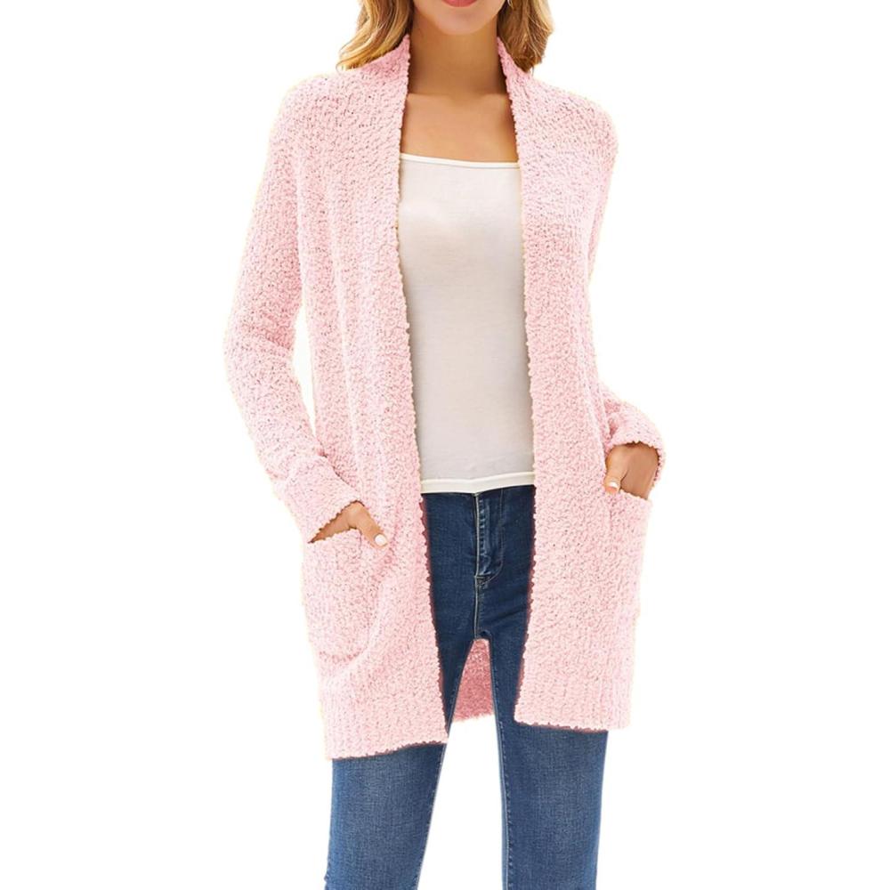 imageGRACE KARIN Long Cardigan Sweaters for Women Open Front Fuzzy Winter Coat Chunky Knit Winter Clothing with PocketsPink