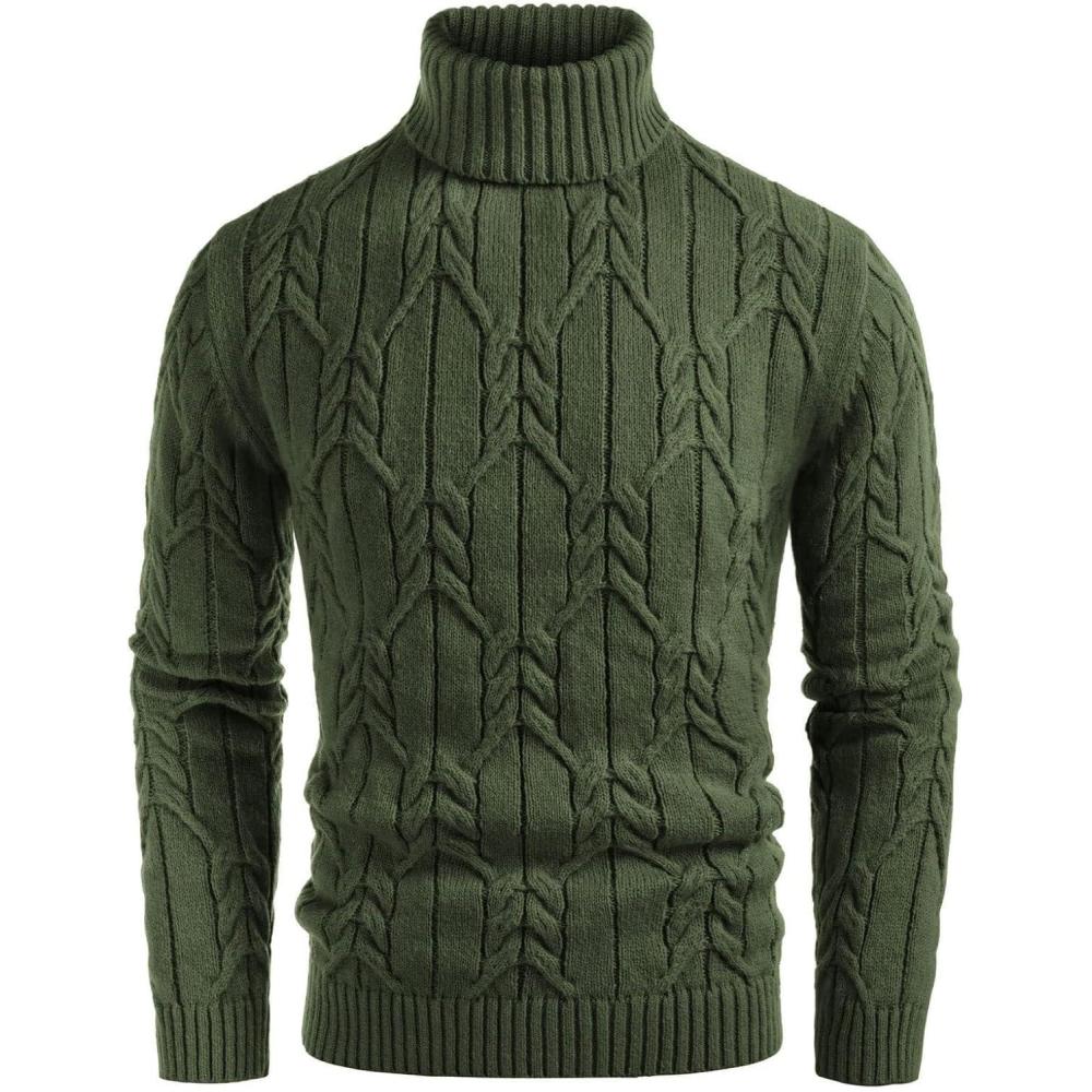 imageGRACE KARIN Men Turtleneck Sweater Long Sleeve Cable Knit Sweaters Slim Fit Mock Neck Twisted PulloverArmy Green
