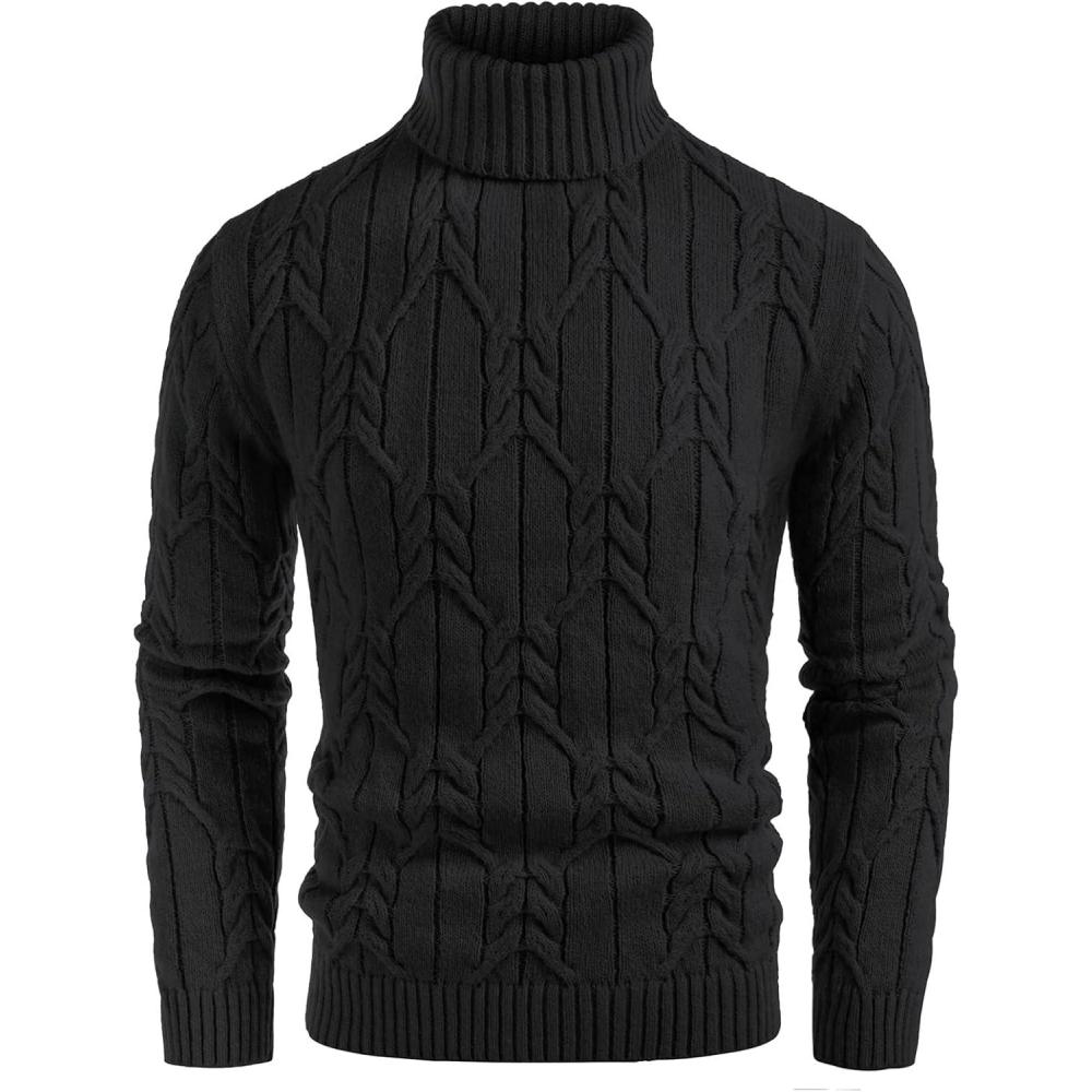 imageGRACE KARIN Men Turtleneck Sweater Long Sleeve Cable Knit Sweaters Slim Fit Mock Neck Twisted PulloverBlack