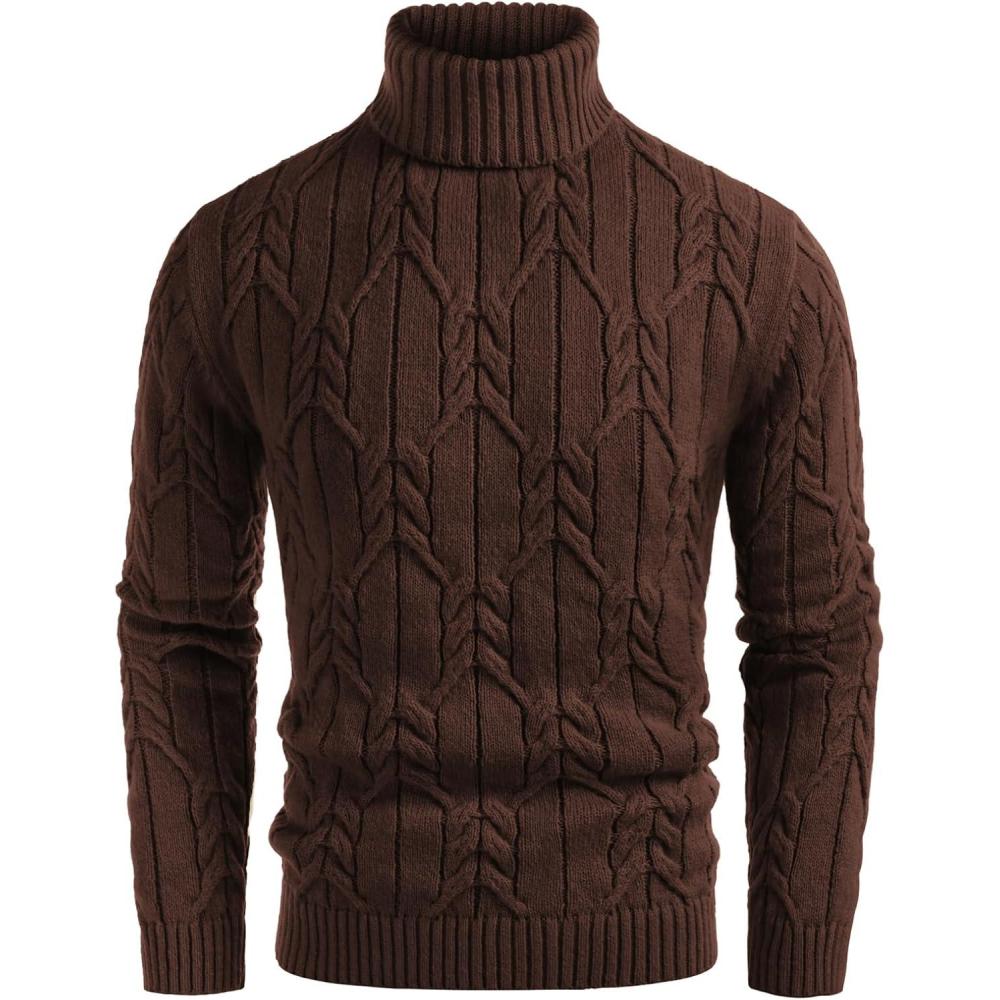 imageGRACE KARIN Men Turtleneck Sweater Long Sleeve Cable Knit Sweaters Slim Fit Mock Neck Twisted PulloverBrown