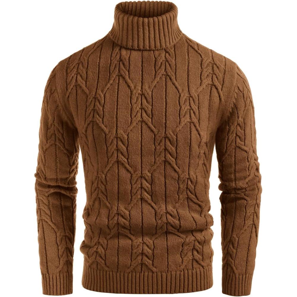 imageGRACE KARIN Men Turtleneck Sweater Long Sleeve Cable Knit Sweaters Slim Fit Mock Neck Twisted PulloverCoffee
