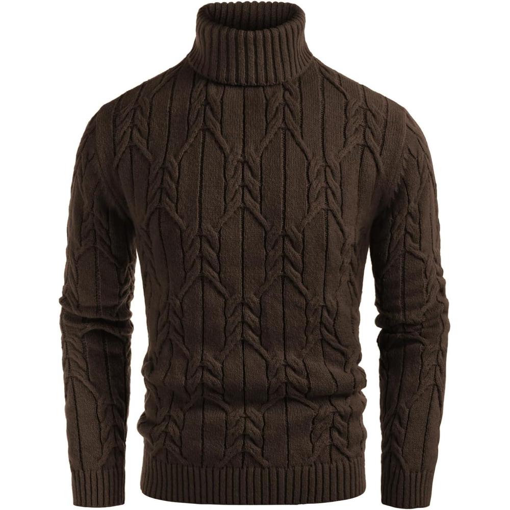 imageGRACE KARIN Men Turtleneck Sweater Long Sleeve Cable Knit Sweaters Slim Fit Mock Neck Twisted PulloverDark Coffee
