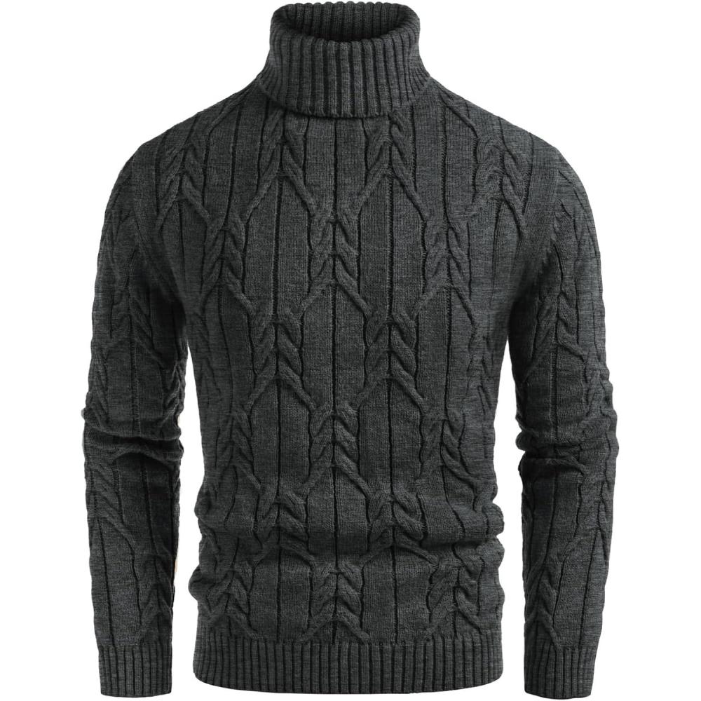 imageGRACE KARIN Men Turtleneck Sweater Long Sleeve Cable Knit Sweaters Slim Fit Mock Neck Twisted PulloverDark Gray