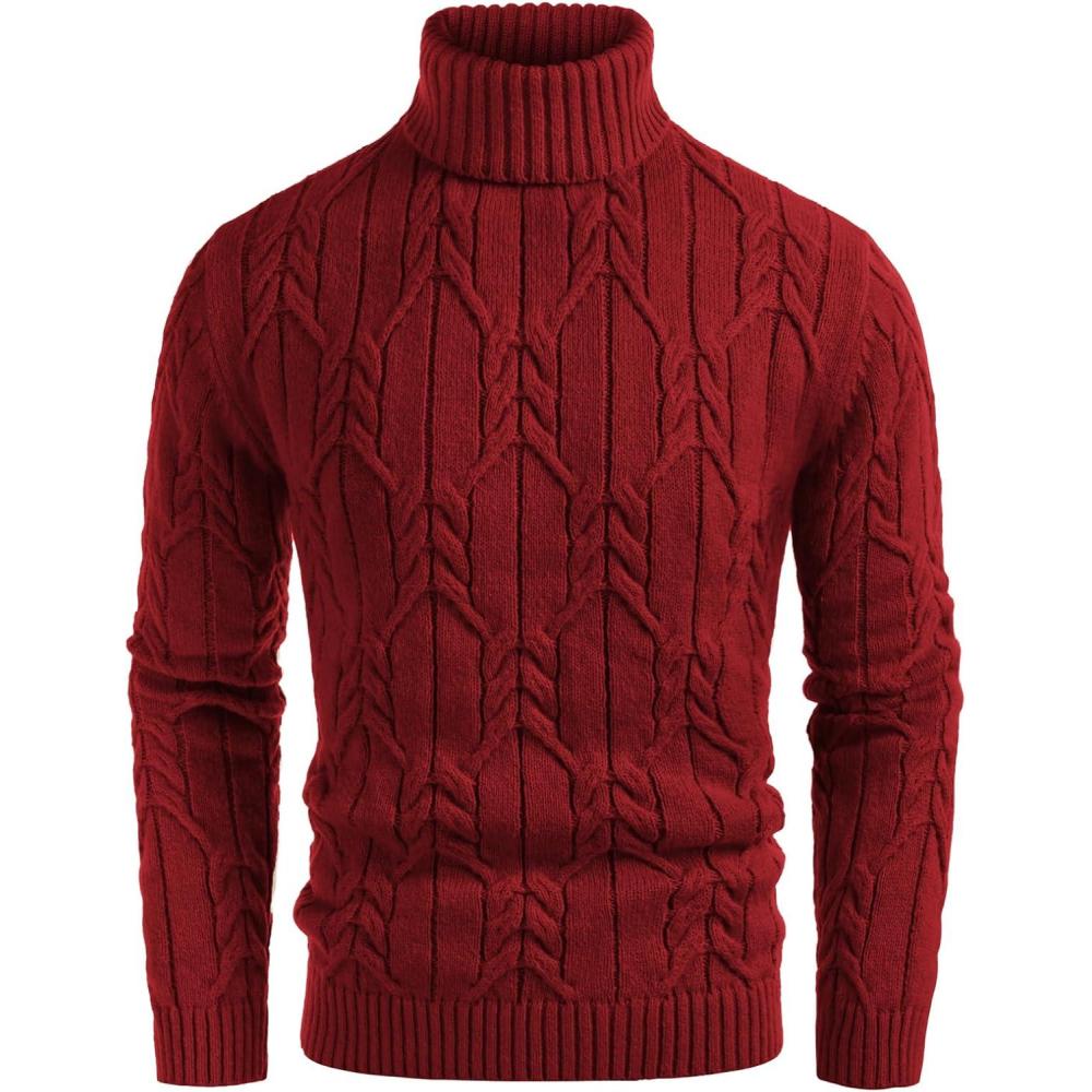imageGRACE KARIN Men Turtleneck Sweater Long Sleeve Cable Knit Sweaters Slim Fit Mock Neck Twisted PulloverDark Red
