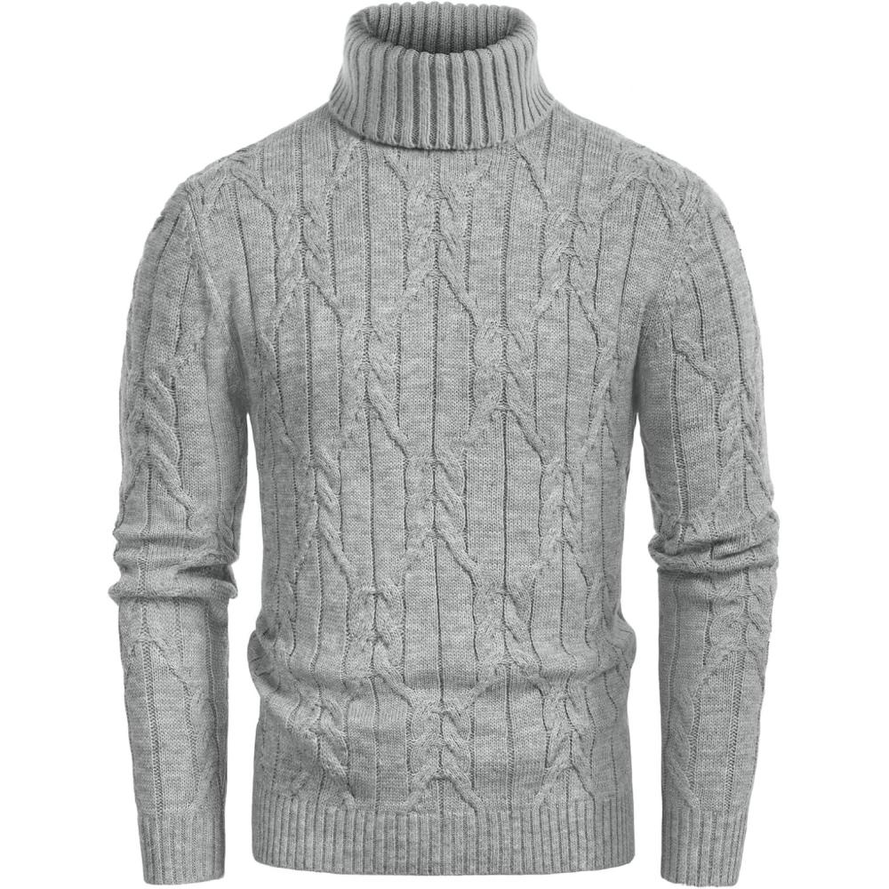 imageGRACE KARIN Men Turtleneck Sweater Long Sleeve Cable Knit Sweaters Slim Fit Mock Neck Twisted PulloverGrey Blue