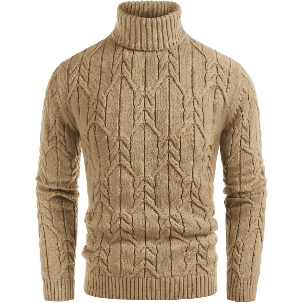 imageGRACE KARIN Men Turtleneck Sweater Long Sleeve Cable Knit Sweaters Slim Fit Mock Neck Twisted PulloverKhaki