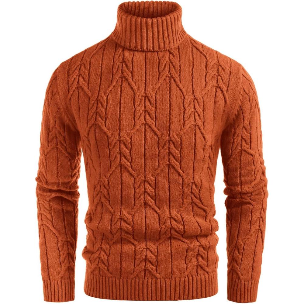 imageGRACE KARIN Men Turtleneck Sweater Long Sleeve Cable Knit Sweaters Slim Fit Mock Neck Twisted PulloverLight Rust Red