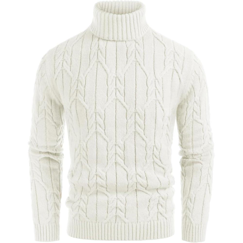 imageGRACE KARIN Men Turtleneck Sweater Long Sleeve Cable Knit Sweaters Slim Fit Mock Neck Twisted PulloverOffwhite