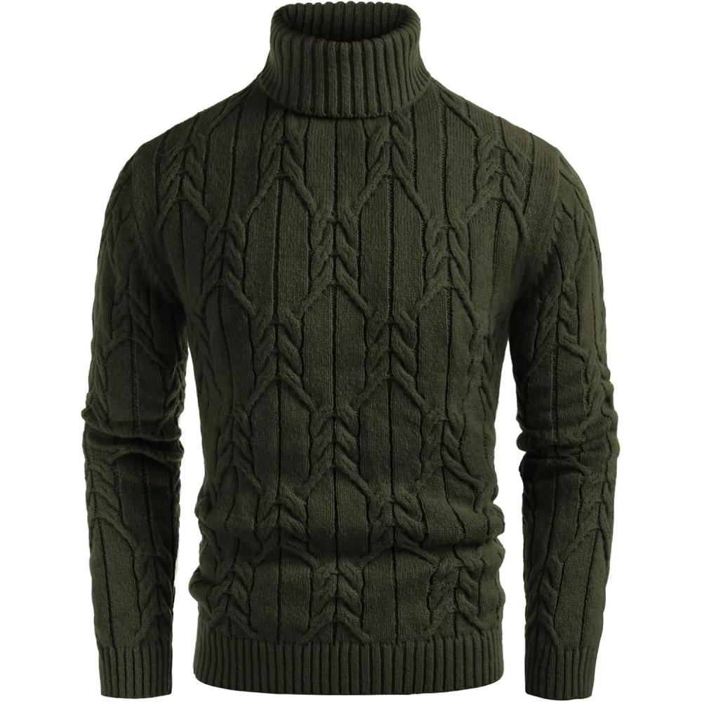 imageGRACE KARIN Men Turtleneck Sweater Long Sleeve Cable Knit Sweaters Slim Fit Mock Neck Twisted PulloverOlive Green