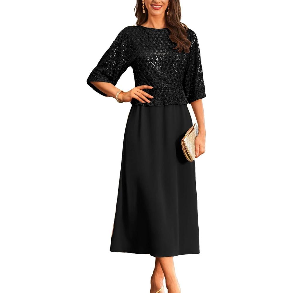 imageGRACE KARIN Mother of Bride Dresses 2025 34 Sleeve Sequin Dress Maxi Elegant Wedding Guest Dress Formal CocktailBlack