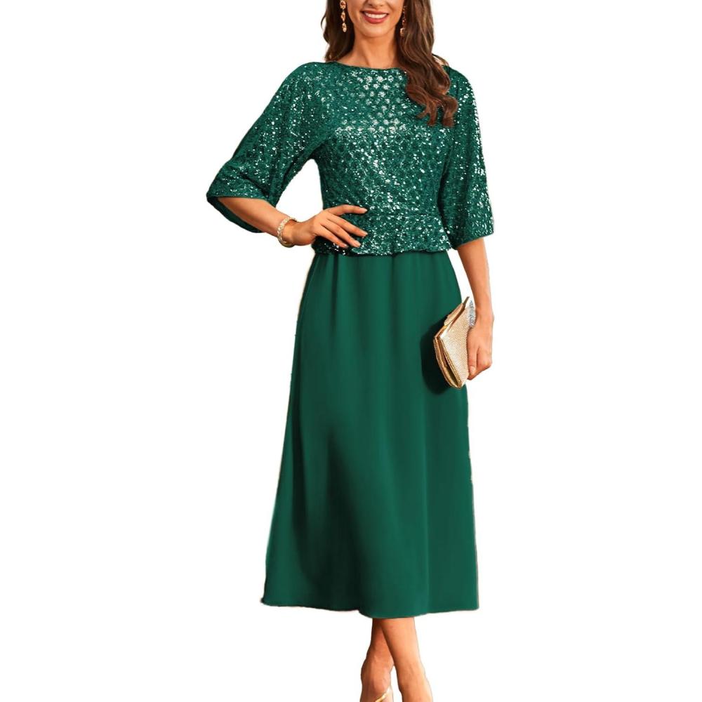 imageGRACE KARIN Mother of Bride Dresses 2025 34 Sleeve Sequin Dress Maxi Elegant Wedding Guest Dress Formal CocktailGreen