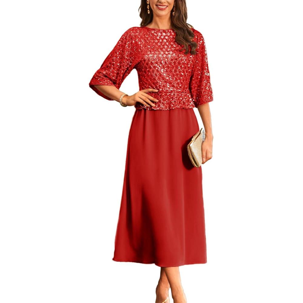 imageGRACE KARIN Mother of Bride Dresses 2025 34 Sleeve Sequin Dress Maxi Elegant Wedding Guest Dress Formal CocktailRed