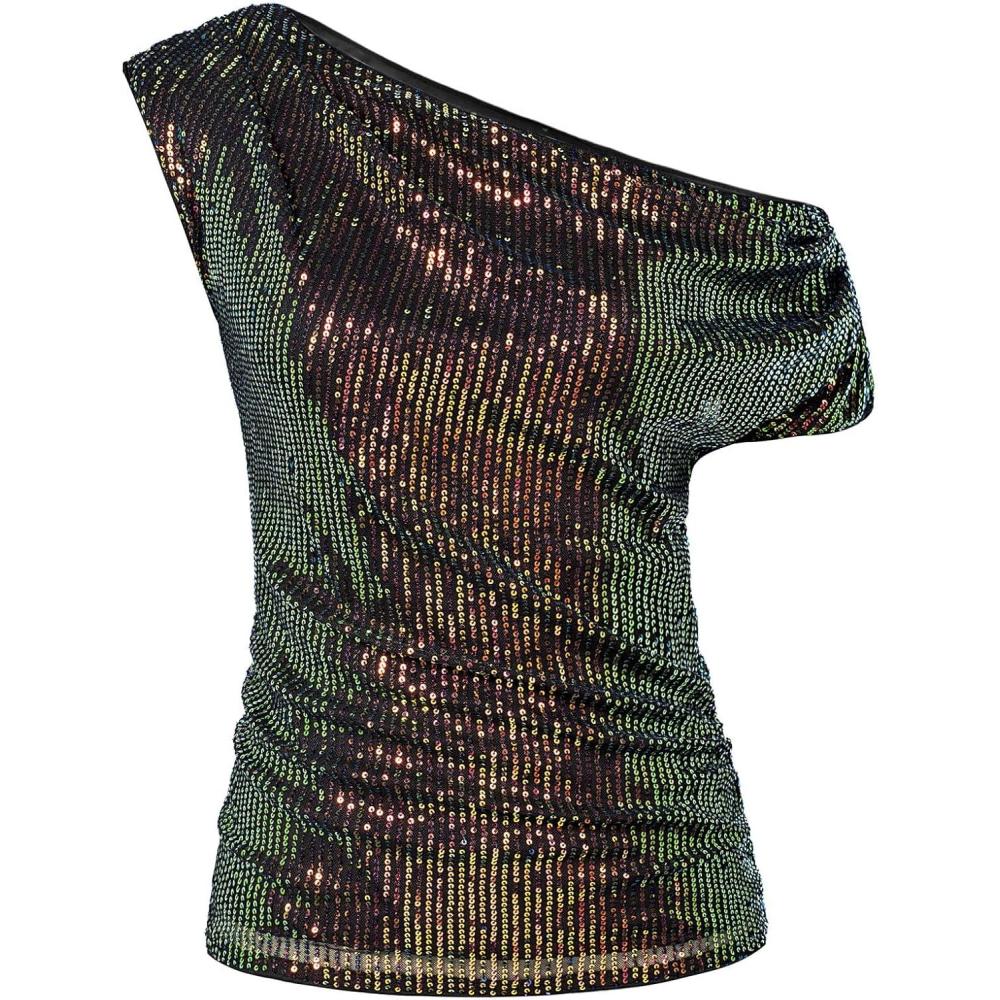 imageGRACE KARIN One Shoulder Sequin Sparkly Tops for Women Ruched Asymmetrical Glitter Tops Slimming Sparkle Party ShirtsDazzlingblack