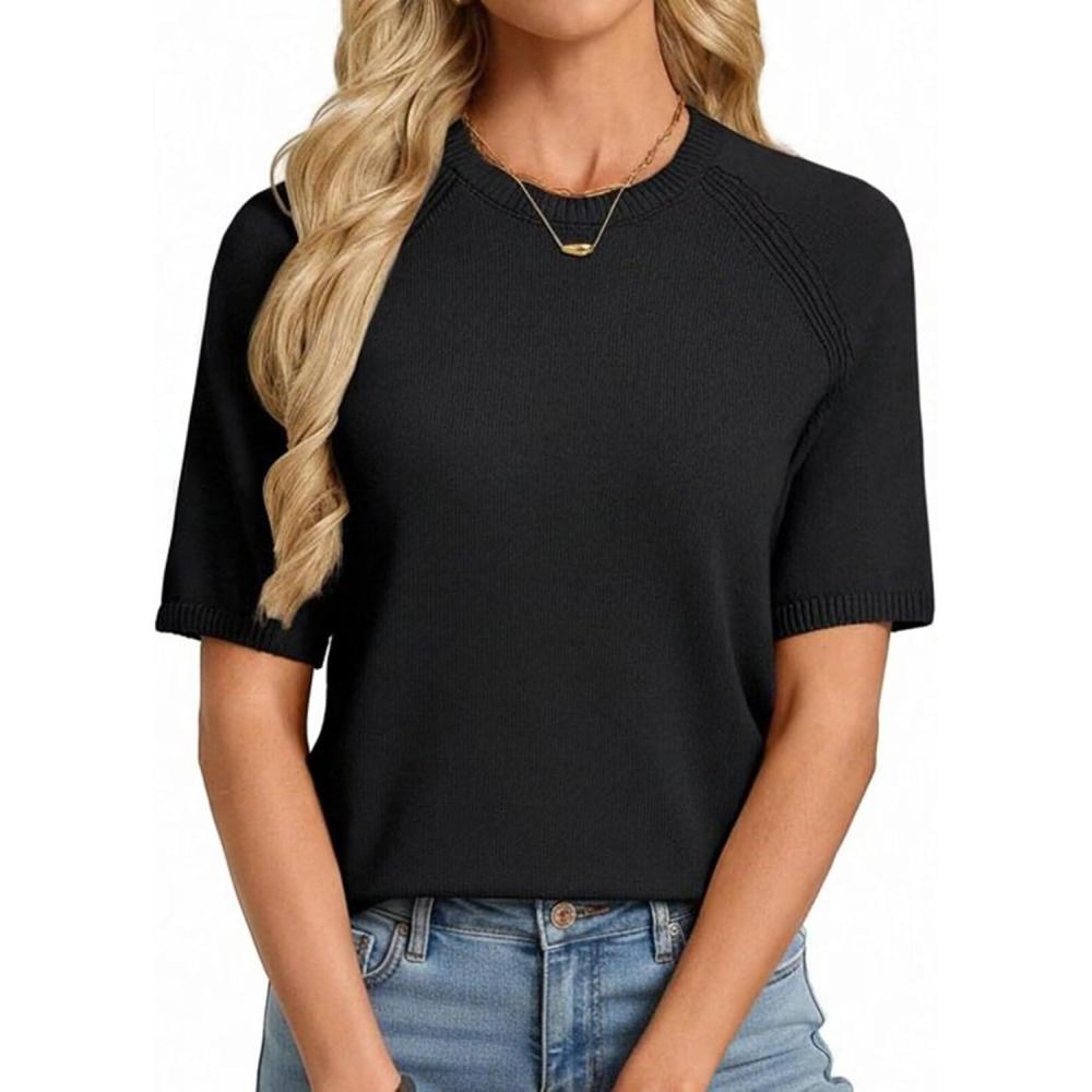 imageGRACE KARIN Short Sleeve Sweater for Women Trendy Business Casual Spring Knit Tops Crew Neck Layering Pullover SweaterBlack