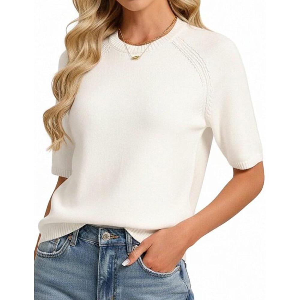 imageGRACE KARIN Short Sleeve Sweater for Women Trendy Business Casual Spring Knit Tops Crew Neck Layering Pullover SweaterIvory