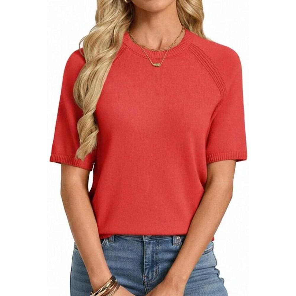 imageGRACE KARIN Short Sleeve Sweater for Women Trendy Business Casual Spring Knit Tops Crew Neck Layering Pullover SweaterOrange Red