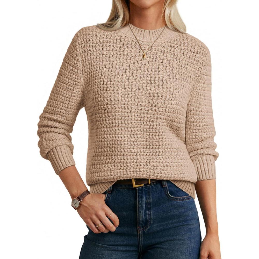 imageGRACE KARIN Women 2025 Fall Knit Sweaters Soft Long Sleeve Pullover Trendy Mock Neck Side Slit Loose Sweater TopsKhaki
