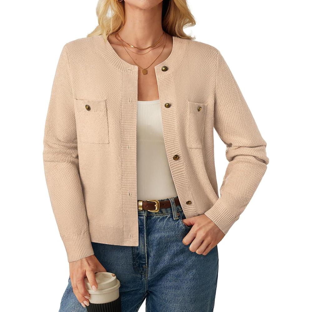 imageGRACE KARIN Women 2025 Tweed Cardigan Sweaters Casual Lightweight Cropped Cardigan Early Fall Fashion Knit Blazer OutfitsApricot