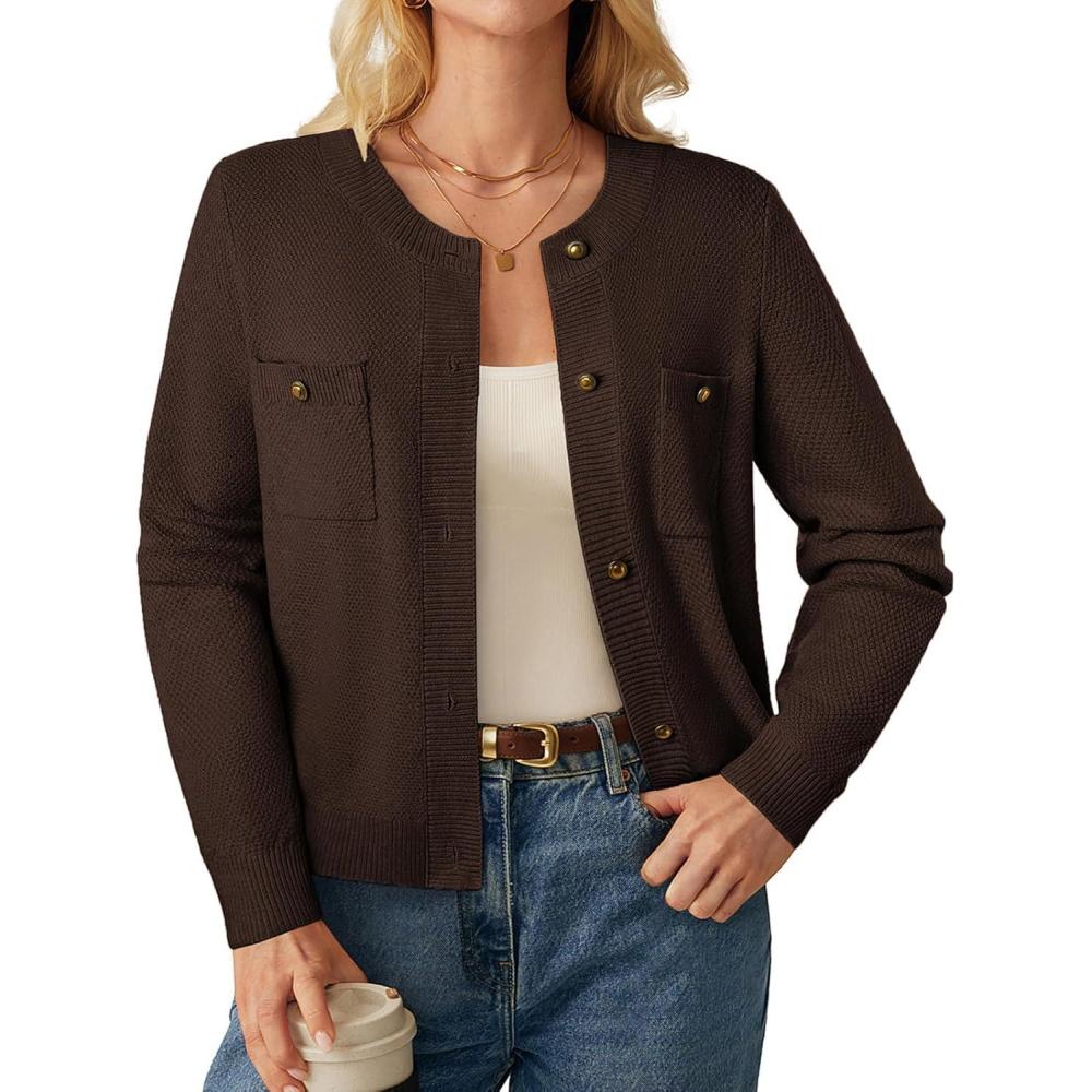 imageGRACE KARIN Women 2025 Tweed Cardigan Sweaters Casual Lightweight Cropped Cardigan Early Fall Fashion Knit Blazer OutfitsCoffee Brown