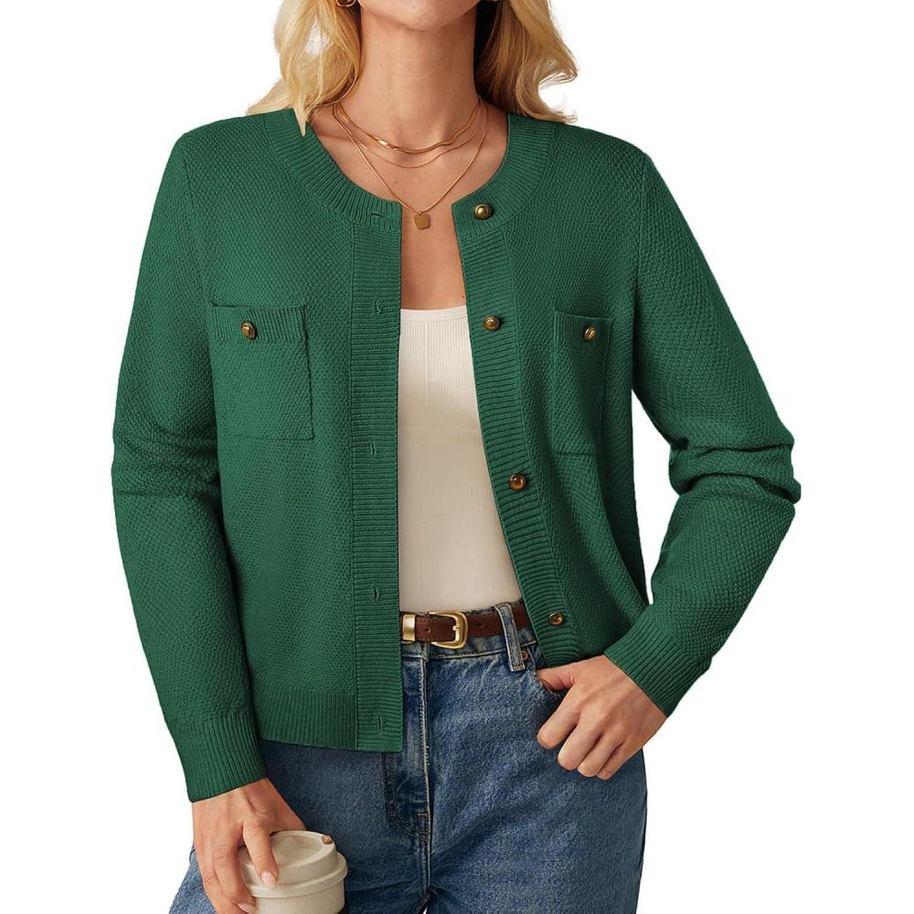 imageGRACE KARIN Women 2025 Tweed Cardigan Sweaters Casual Lightweight Cropped Cardigan Early Fall Fashion Knit Blazer OutfitsGreen