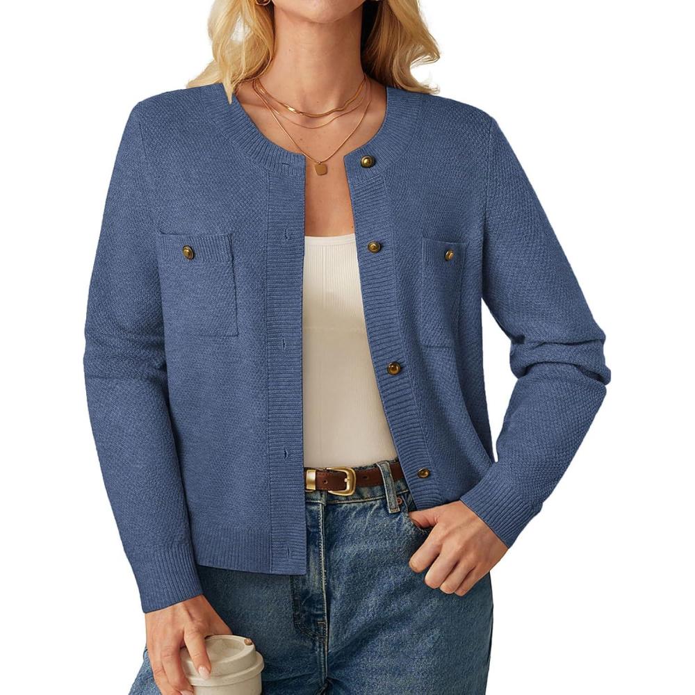 imageGRACE KARIN Women 2025 Tweed Cardigan Sweaters Casual Lightweight Cropped Cardigan Early Fall Fashion Knit Blazer OutfitsGrey Blue