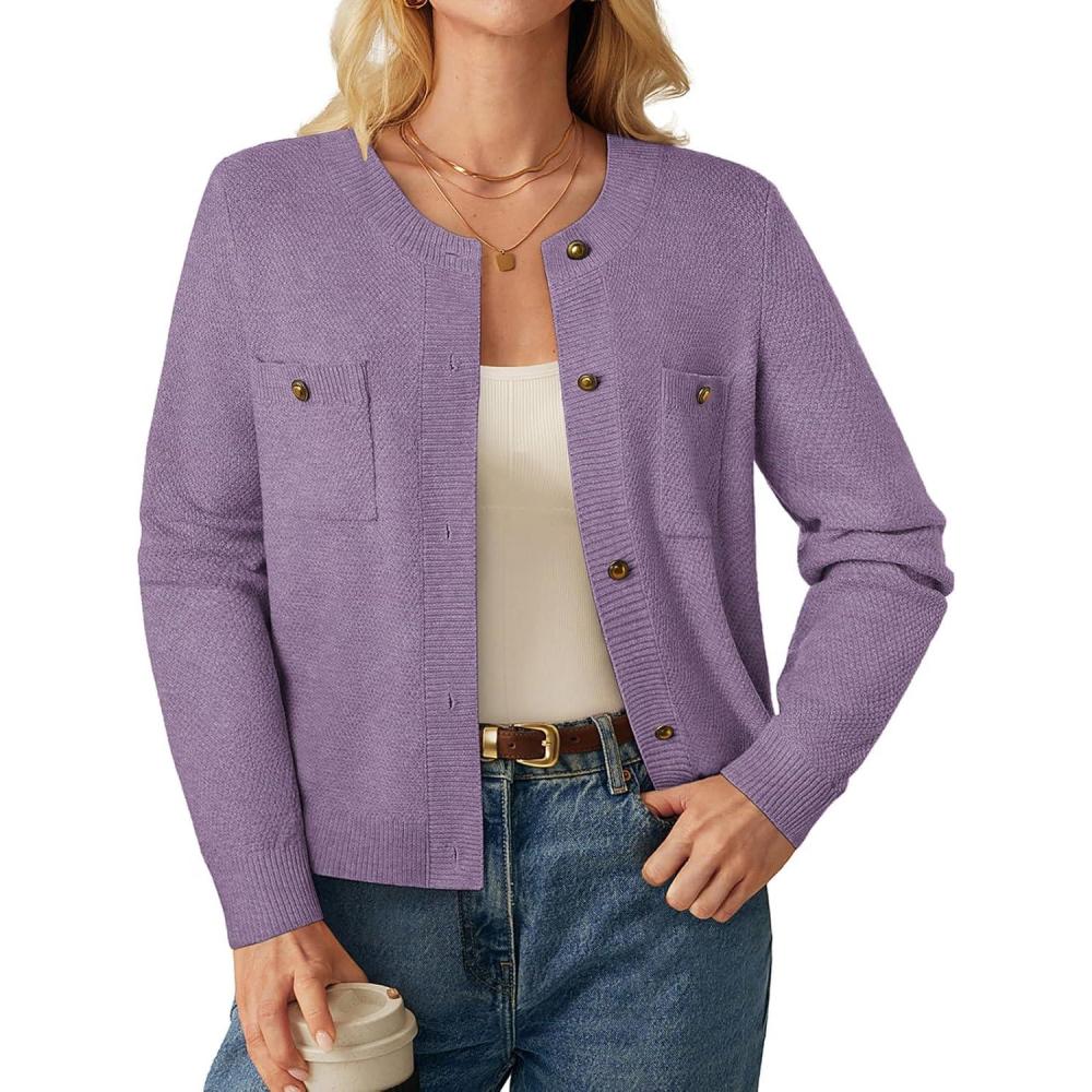 imageGRACE KARIN Women 2025 Tweed Cardigan Sweaters Casual Lightweight Cropped Cardigan Early Fall Fashion Knit Blazer OutfitsPurple