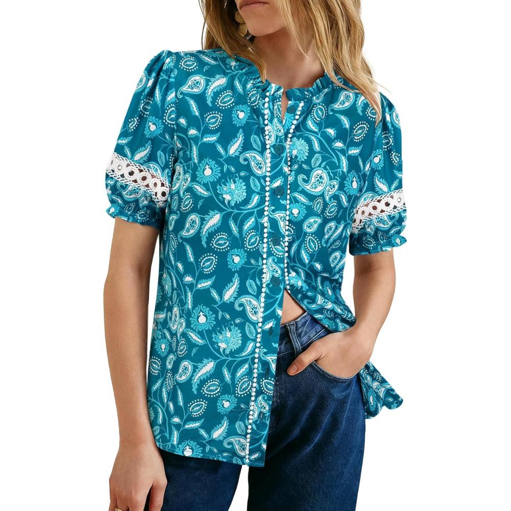 imageGRACE KARIN Women Boho Floral Tops Summer Short Eyelet Sleeve Dressy Casual Shirts Spring Button Down Blouse 2026 TrendyBlue