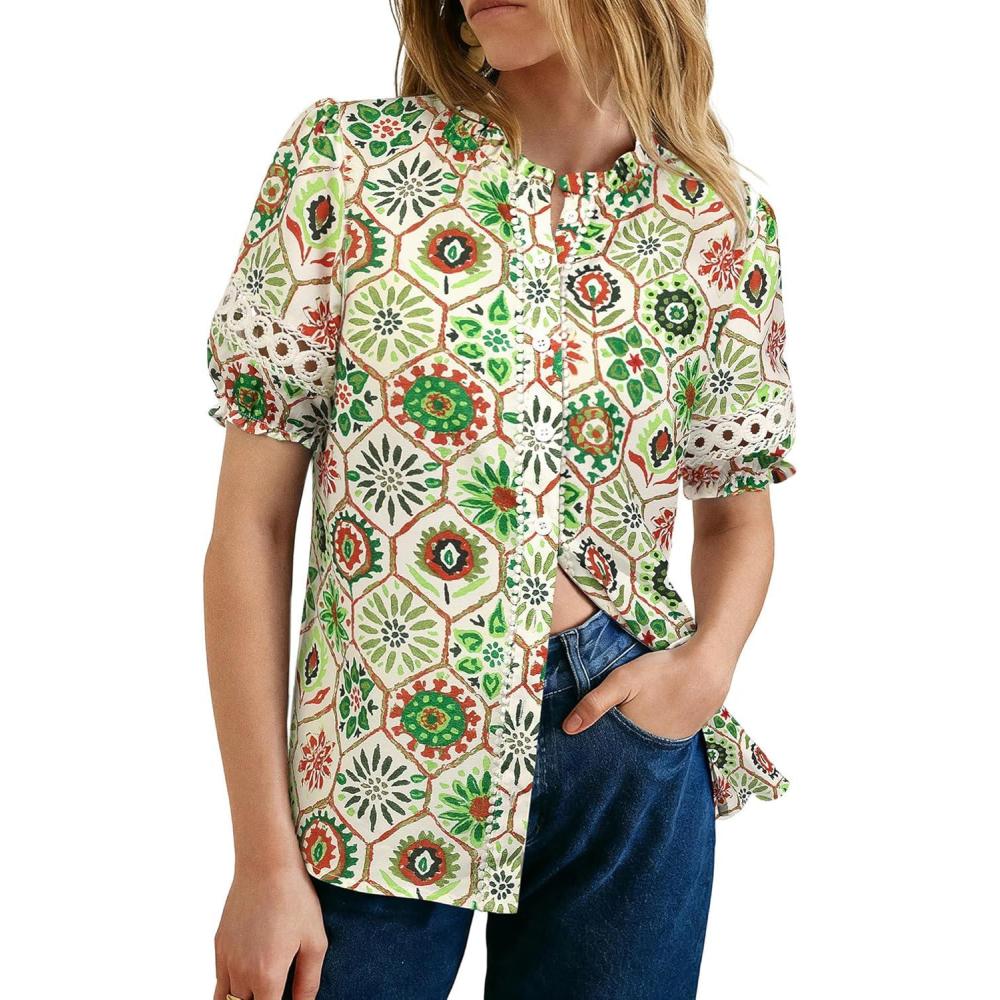 imageGRACE KARIN Women Boho Floral Tops Summer Short Eyelet Sleeve Dressy Casual Shirts Spring Button Down Blouse 2026 TrendyGreen