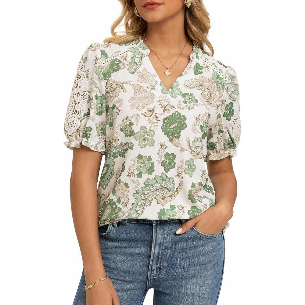 imageGRACE KARIN Women Boho Floral Tops Summer Short Sleeve Shirts V Neck Dressy Casual Blouse Work Printed 2026 Spring TrendyBeige Green