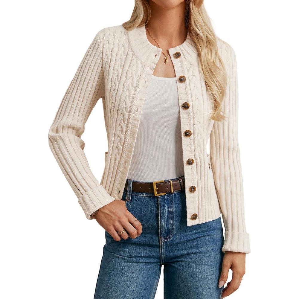 imageGRACE KARIN Women Button Up Cable Knit Sweater Cropped Cardigan Sweaters Chunky Winter Clothing 2025Apricot White