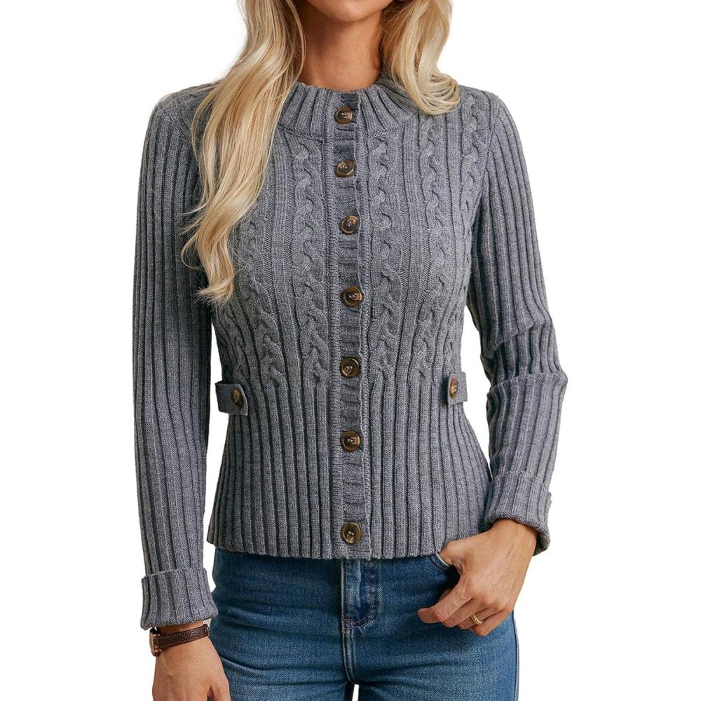 imageGRACE KARIN Women Button Up Cable Knit Sweater Cropped Cardigan Sweaters Chunky Winter Clothing 2025Dark Grey