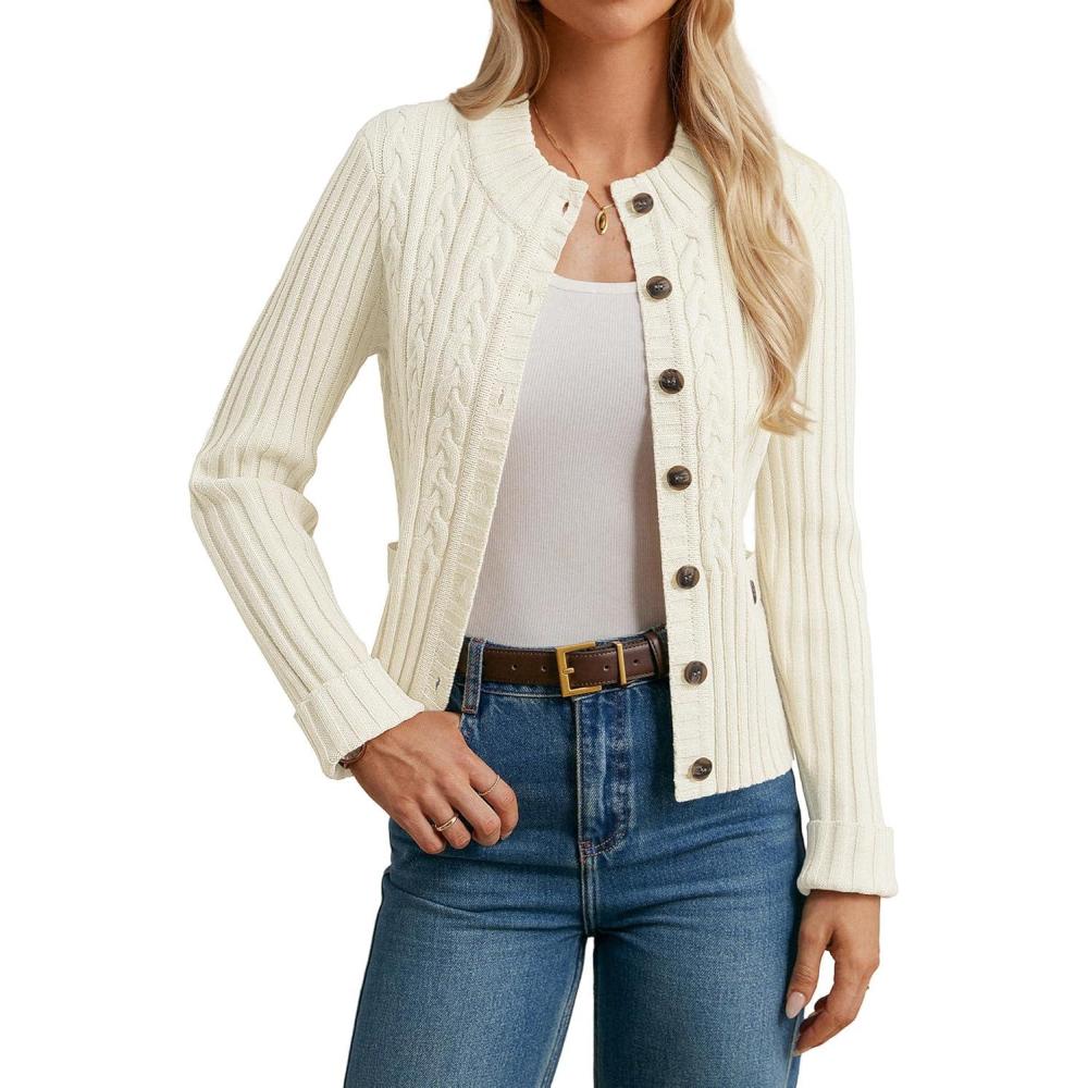 imageGRACE KARIN Women Button Up Cable Knit Sweater Cropped Cardigan Sweaters Chunky Winter Clothing 2025White