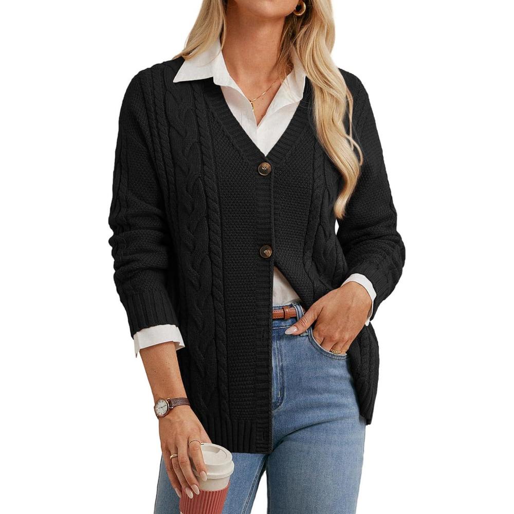 imageGRACE KARIN Women Cable Knit Cardigan Sweater Chunky Button Up Sweaters Long Sleeve Open Front CardiganBlack