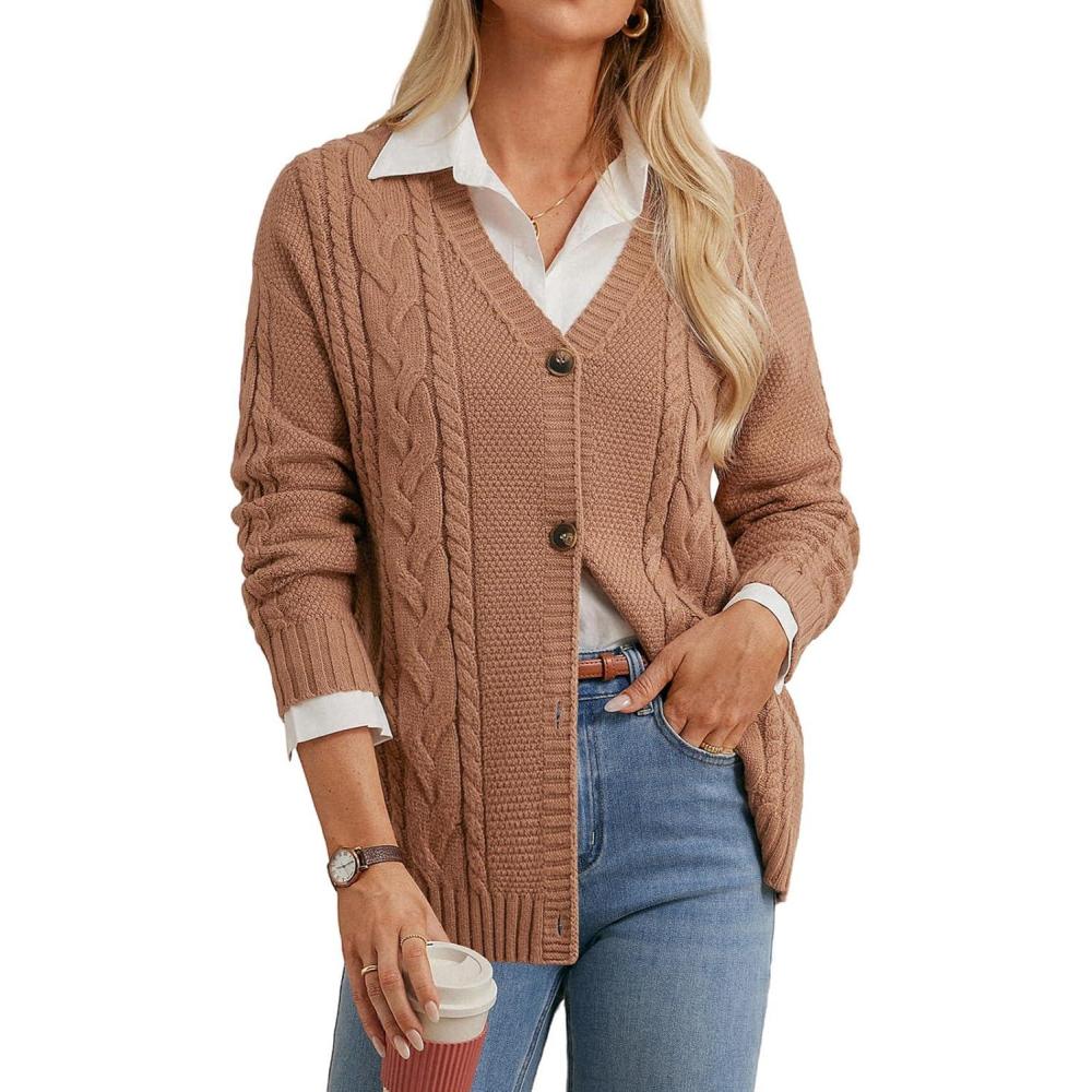 imageGRACE KARIN Women Cable Knit Cardigan Sweater Chunky Button Up Sweaters Long Sleeve Open Front CardiganBrown