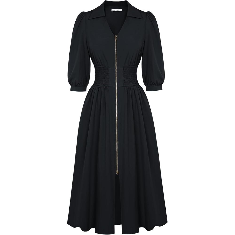 imageGRACE KARIN Women Fall Midi Dress 2025 A Line Smocked Work Dress Fit and Flare V Neck Zipper 34 Sleeve Dress Casual PocketsBlack