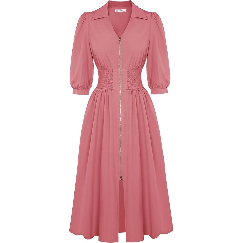imageGRACE KARIN Women Fall Midi Dress 2025 A Line Smocked Work Dress Fit and Flare V Neck Zipper 34 Sleeve Dress Casual PocketsDark Pink