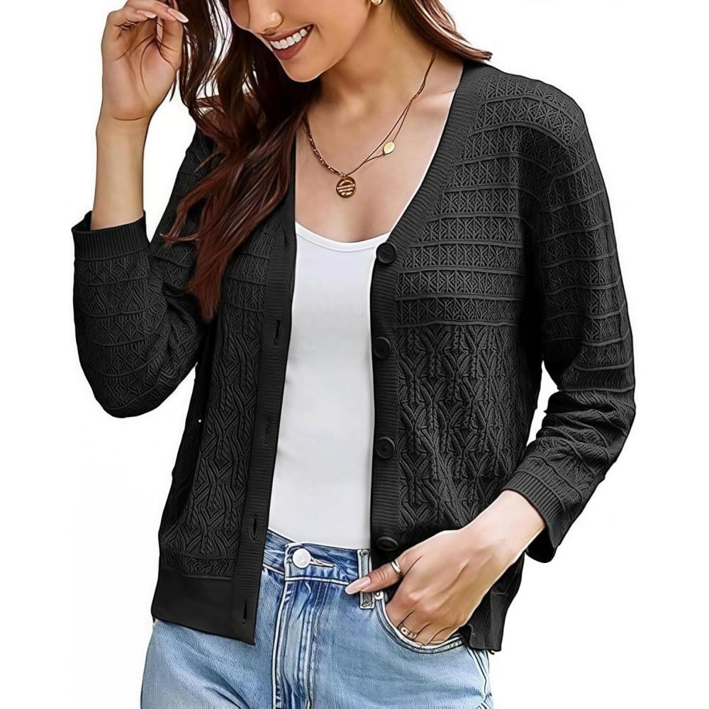 imageGRACE KARIN Women Lightweigt Crochet Knit Cardigan 34 Sleeve Cropped Shrugs Spring Button Down Sweaters TopsBlack