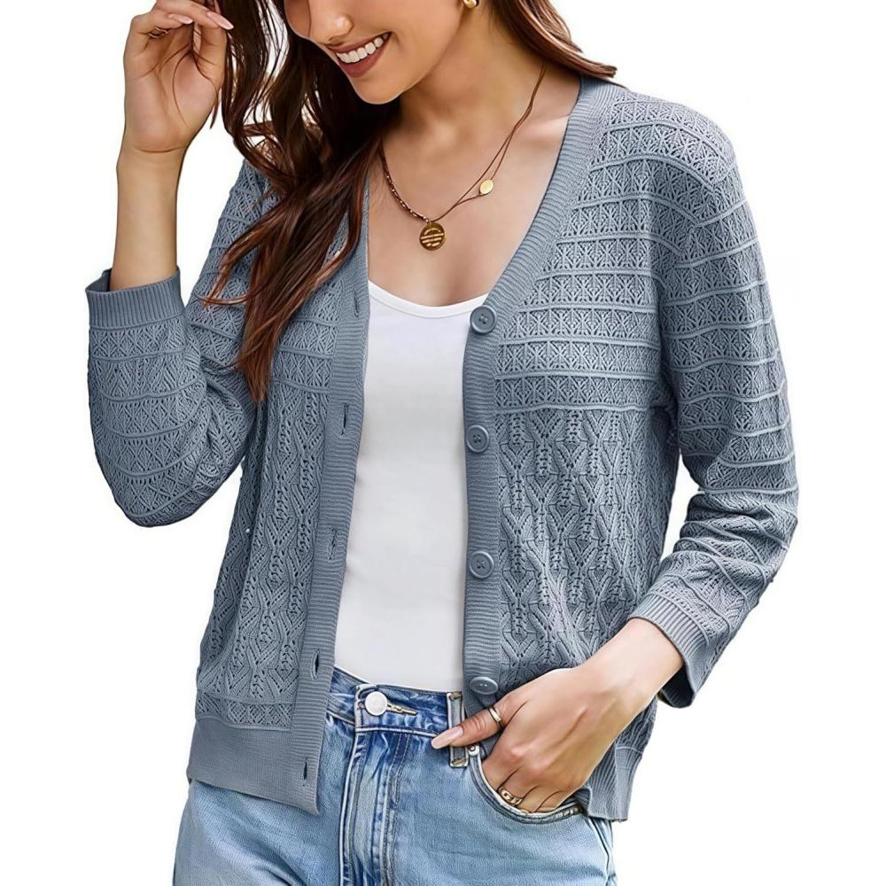 imageGRACE KARIN Women Lightweigt Crochet Knit Cardigan 34 Sleeve Cropped Shrugs Spring Button Down Sweaters TopsGray Blue