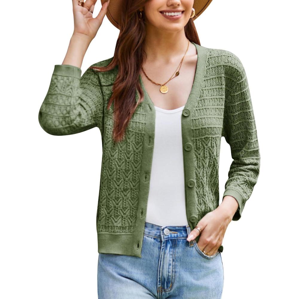 imageGRACE KARIN Women Lightweigt Crochet Knit Cardigan 34 Sleeve Cropped Shrugs Spring Button Down Sweaters TopsGreen