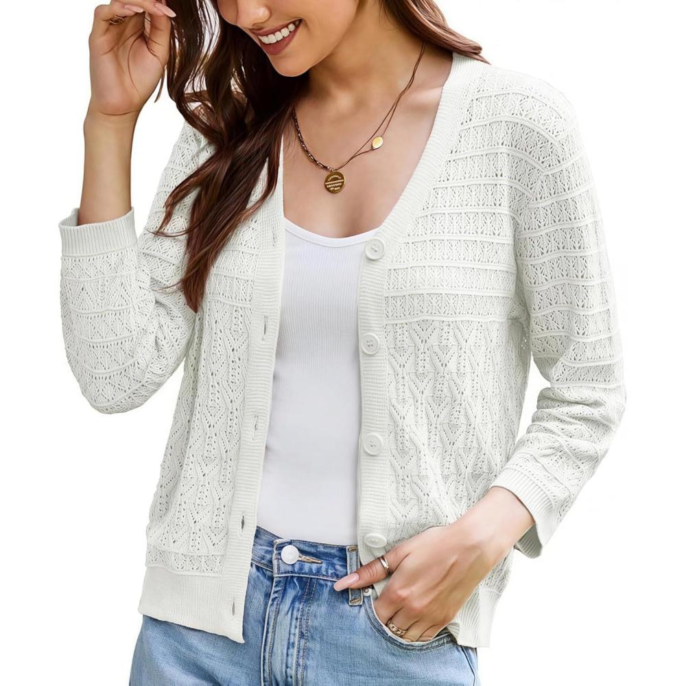 imageGRACE KARIN Women Lightweigt Crochet Knit Cardigan 34 Sleeve Cropped Shrugs Spring Button Down Sweaters TopsIvory White