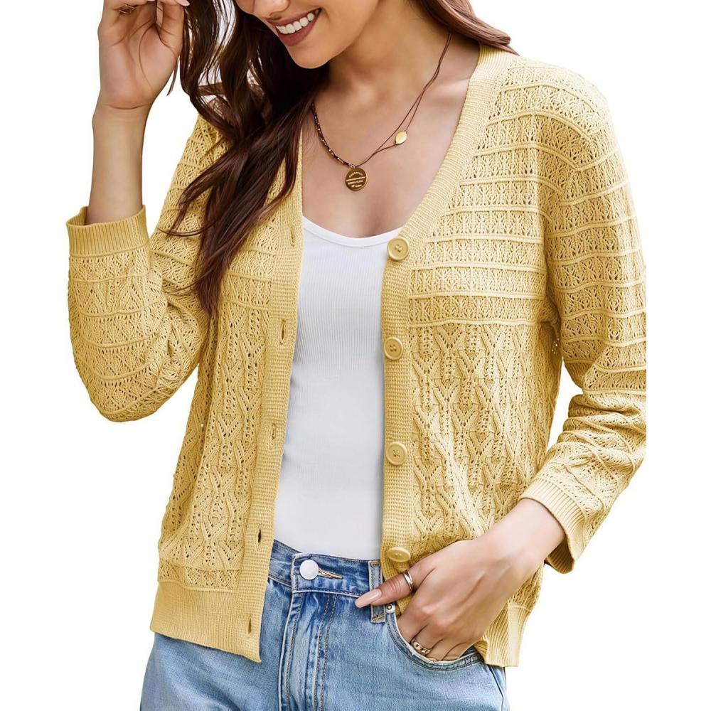 imageGRACE KARIN Women Lightweigt Crochet Knit Cardigan 34 Sleeve Cropped Shrugs Spring Button Down Sweaters TopsYellow