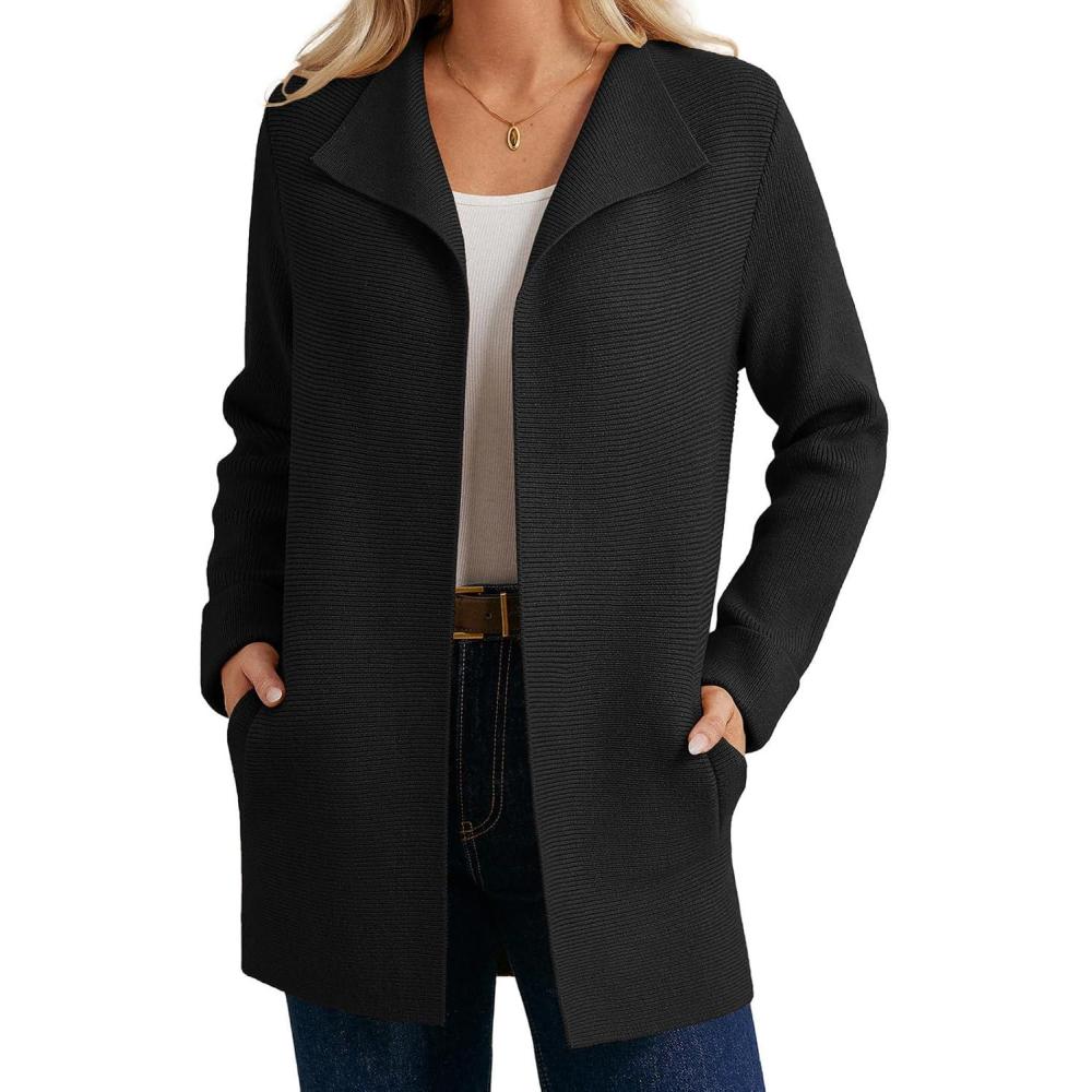 imageGRACE KARIN Women Long Cardigan Sweaters Fall Chunky Sweater Jacket Ribbed Knit Lapel Coatigan with PocketsBlack