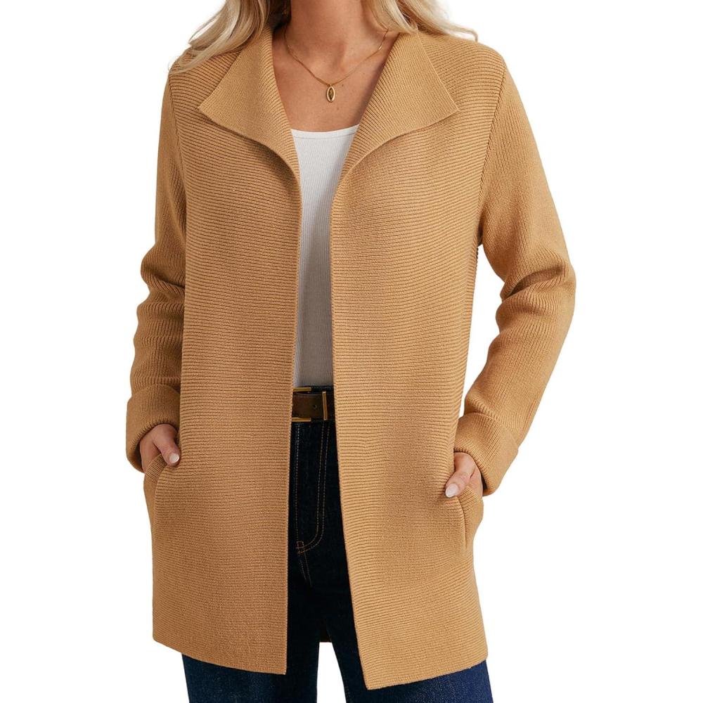 imageGRACE KARIN Women Long Cardigan Sweaters Fall Chunky Sweater Jacket Ribbed Knit Lapel Coatigan with PocketsBrown